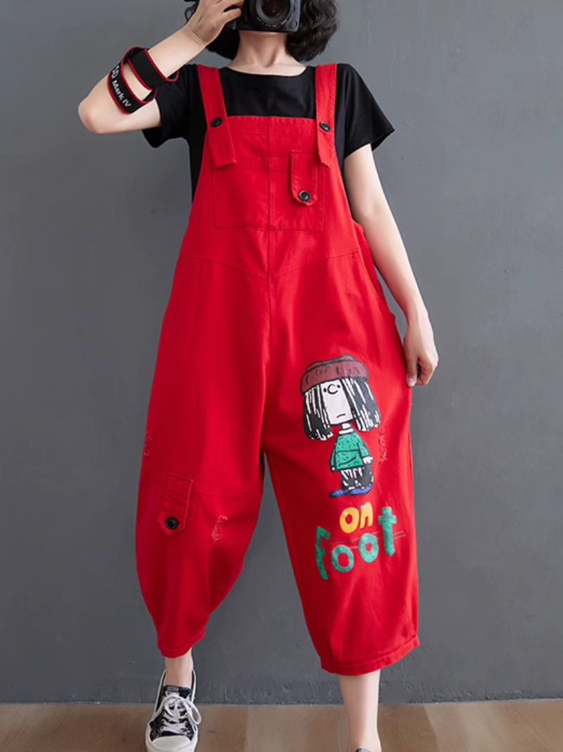 Women Printed Ripped Dungarees