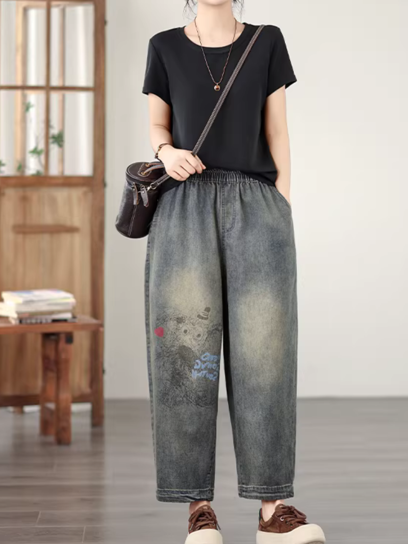 Relaxed Harem Denim Pants in Soft Denim Cotton with Elastic Waist