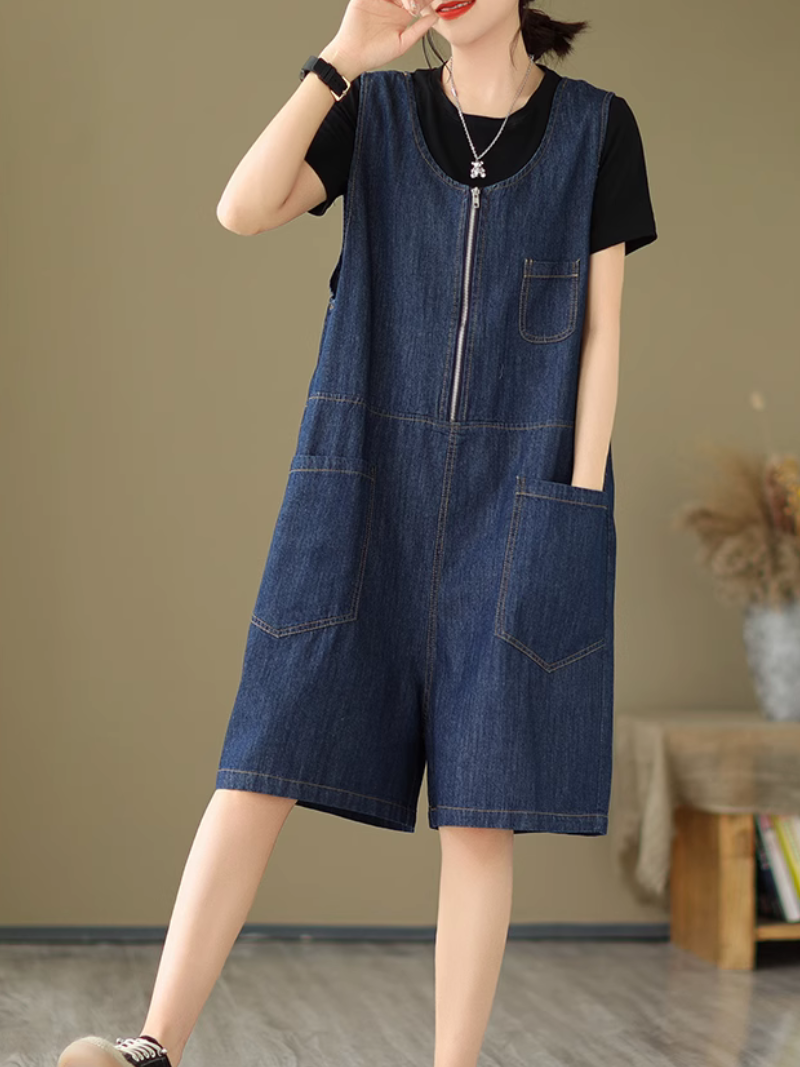 Women's Looose Fit Denim Dungaree Shorts with Zip Front