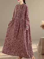 Artful Floral Cotton Boho Maxi Dress with Pintucks and Long Sleeves