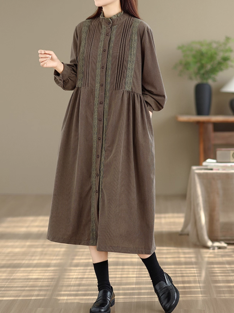 Vintage corduroy dress with stand collar and buttons, artful everyday ease