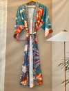 Partywear Floral With Moon Print Green Color Silk Long Length Gown Kimono Duster Robe