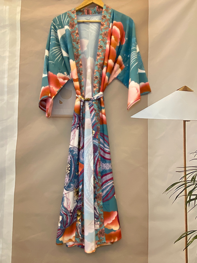 Partywear Floral With Moon Print Green Color Silk Long Length Gown Kimono Duster Robe