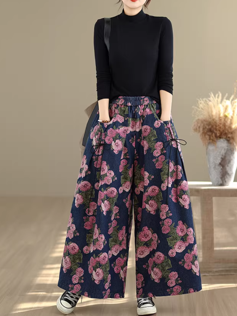 Floral Denim Cotton Wide-Leg Palazzo Pants with Elastic High Waist
