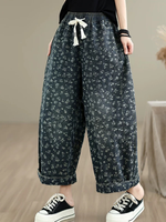 Floral Denim Cotton Wide-Leg Culottes with Tassel Drawstring Women's Pants