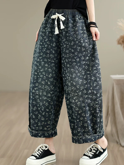 Floral Denim Cotton Wide-Leg Culottes with Tassel Drawstring Women's Pants