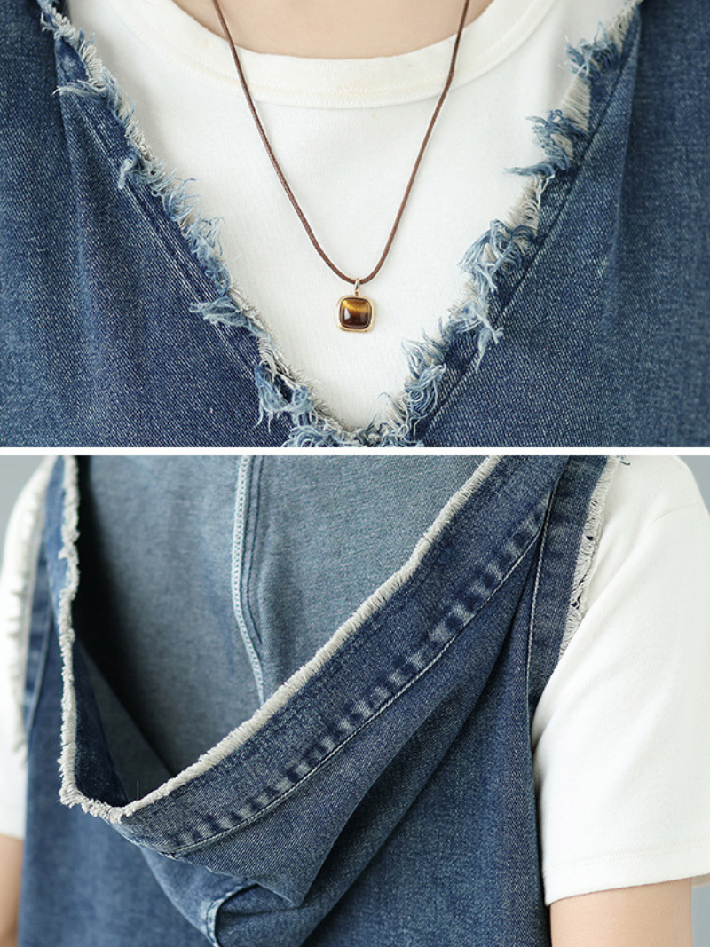Frayed-Edge Denim Cotton Pinafore Dress with Oversized Pockets, Effortless Chic