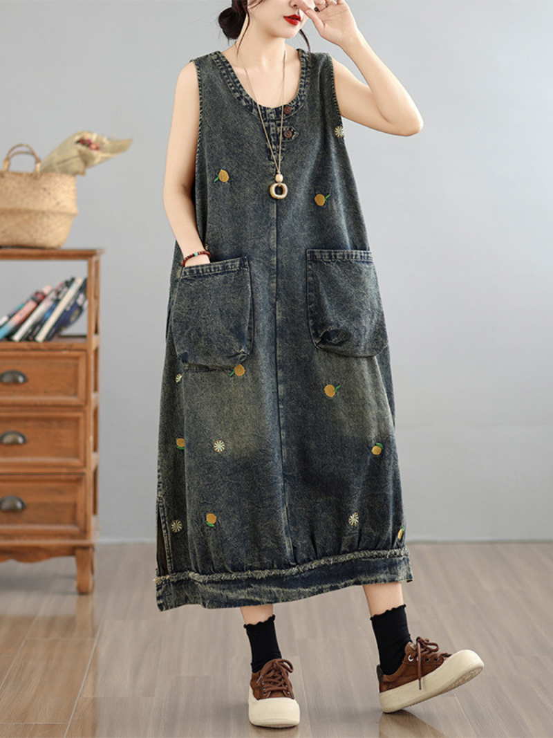 Everyday Ease Denim Dress — Artful Embroidery, Effortless Fit and Pockets