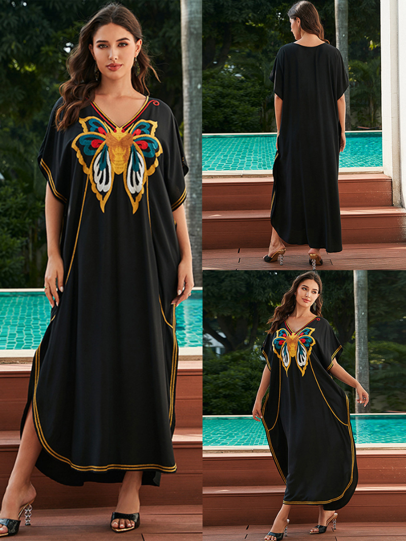 Réconfort des femmes et élégance Broidered Holiday Loose Kaftan Robe
