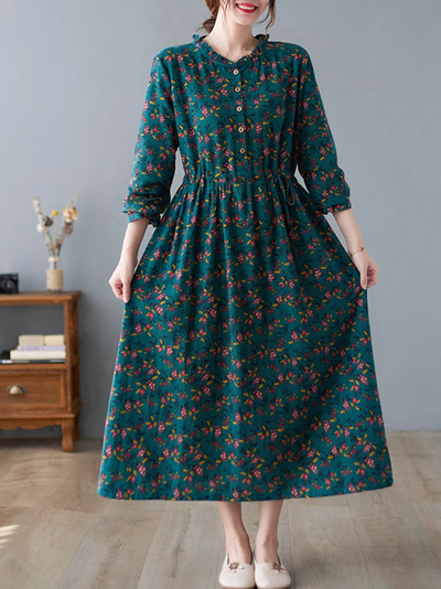 Women's Stylish Floral Printed Button-Up A-Line Dress