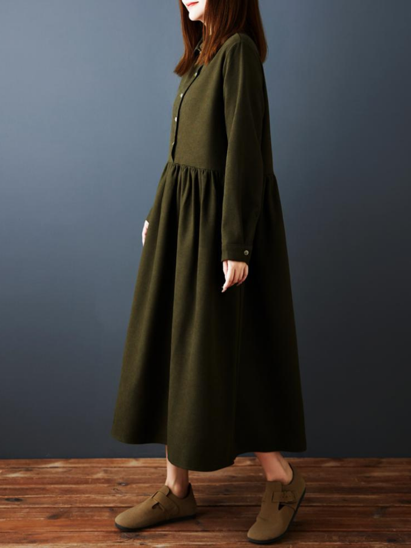 Elegant A-Line Shirt Dress with Gathered Skirt, Spandex Comfort Midi