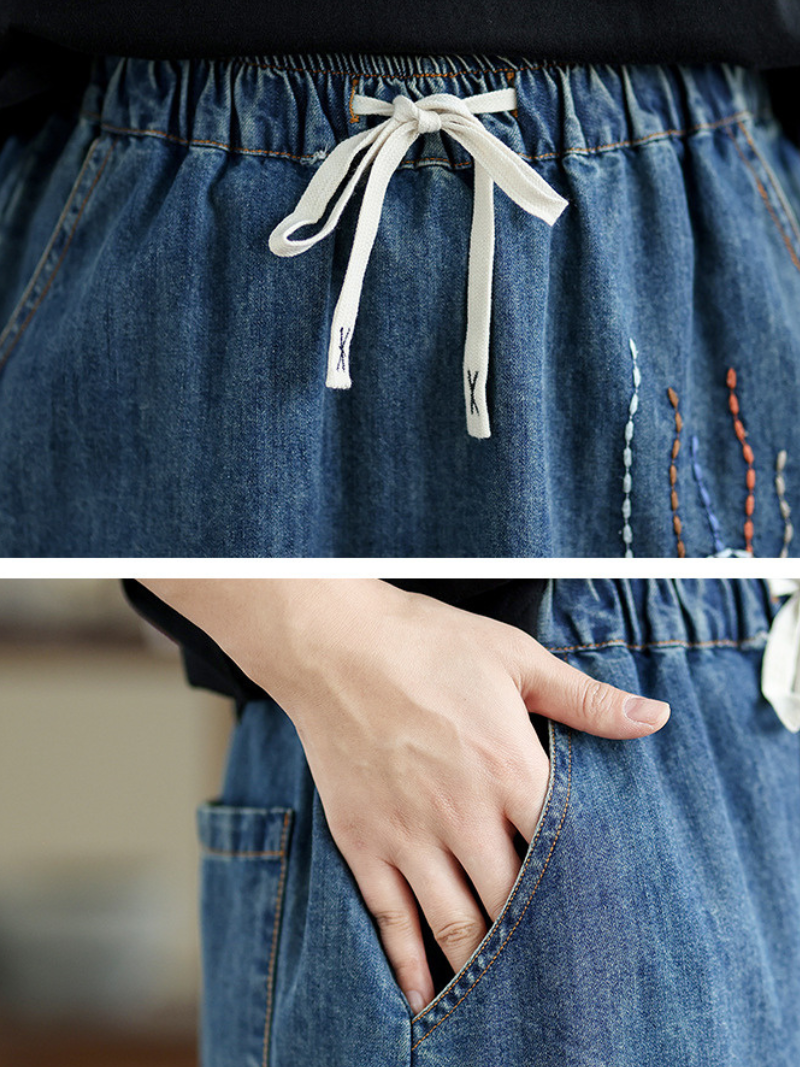 Playful Embroidered A-Line Denim Skirt with Drawstring Waist, Chic Midi