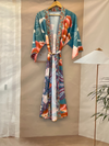 Partywear Floral With Moon Print Green Color Silk Long Length Gown Kimono Duster Robe