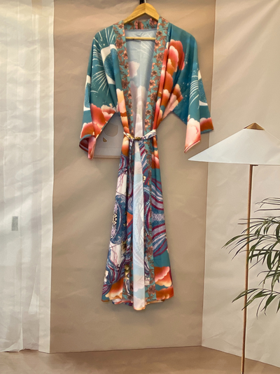 Partywear Floral With Moon Print Green Color Silk Long Length Gown Kimono Duster Robe