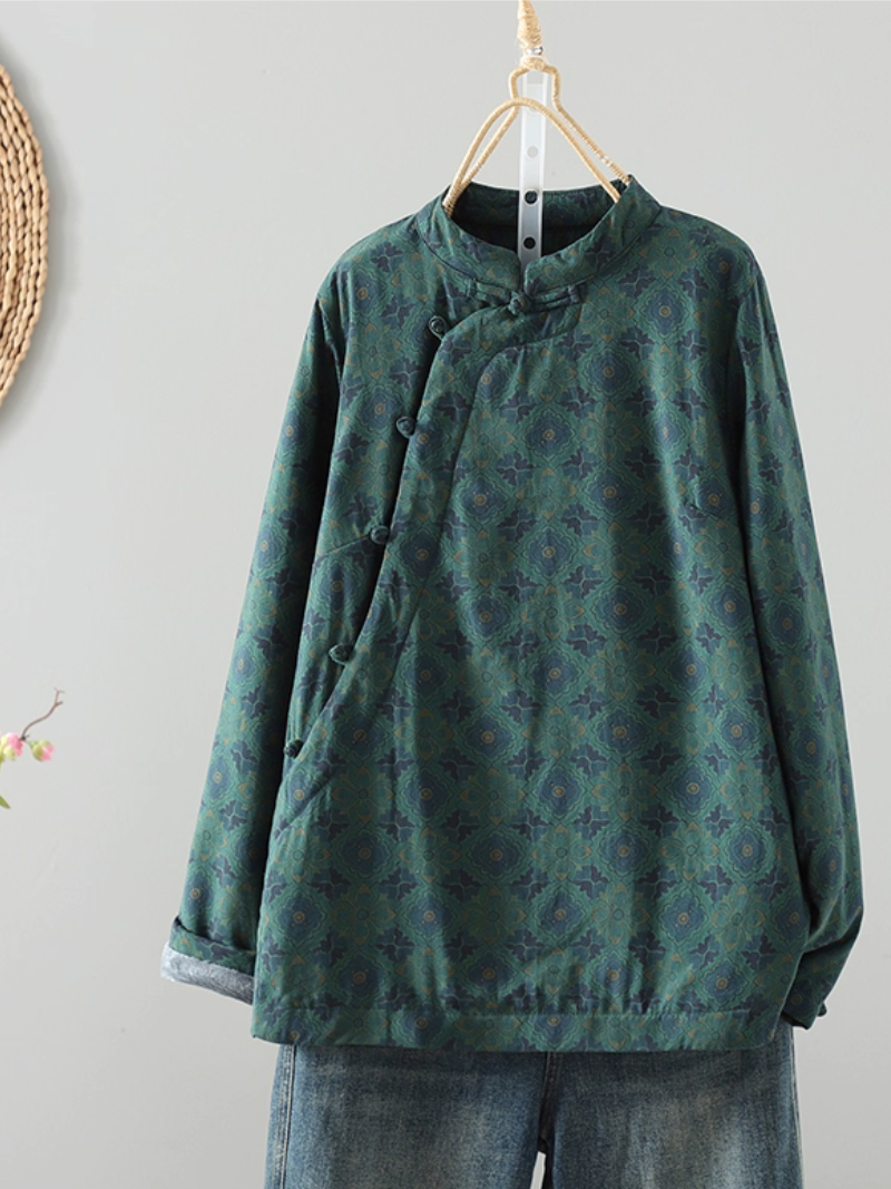 Mandarin-Collar Linen Cotton Wrap Blouse with Frog Buttons for Women