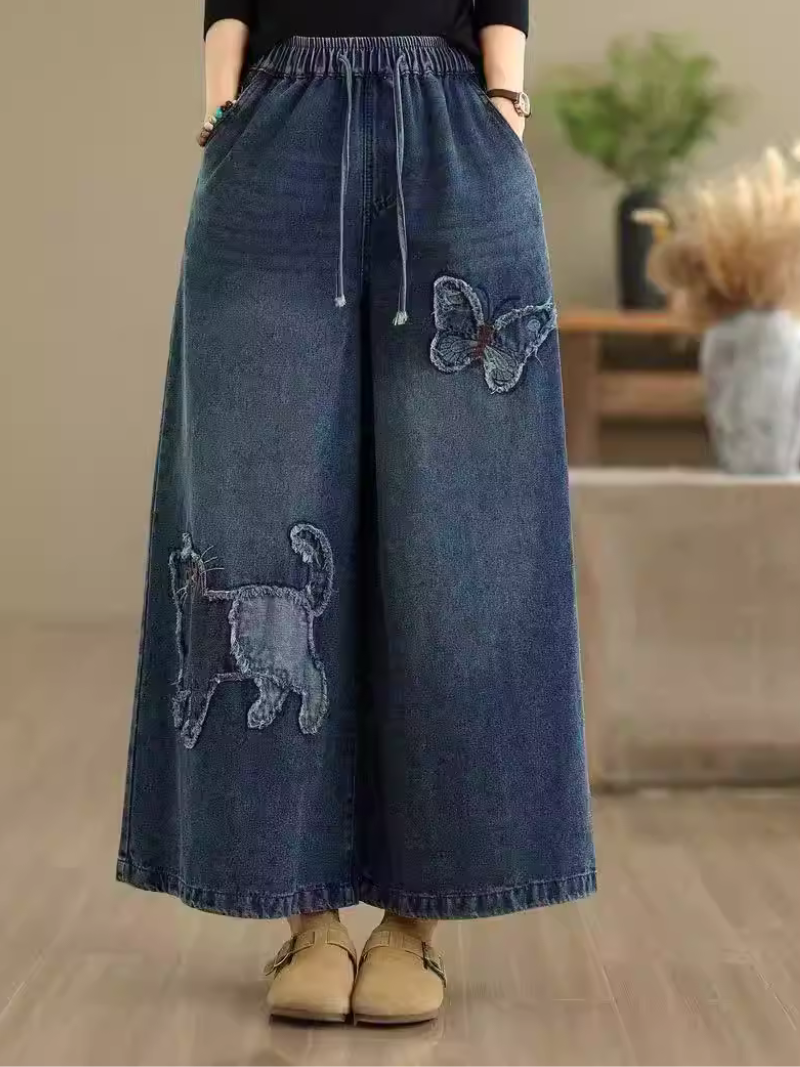 Artisanal Denim Cotton Culottes with Drawstring Waist and Whimsical Appliqué