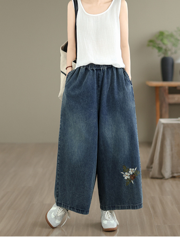 Artisan Floral Wide-Leg Denim Pants with Elastic Waist, Effortless Chic