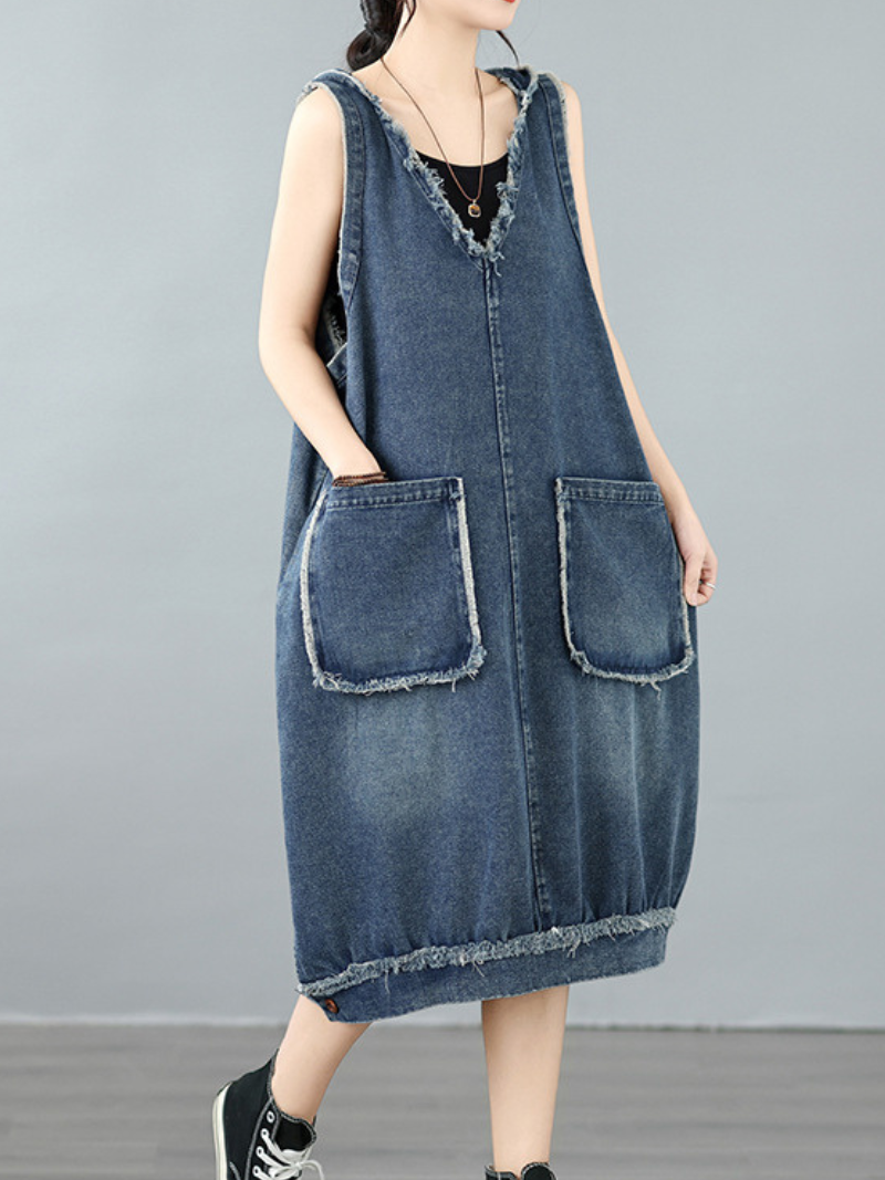 Frayed-Edge Denim Cotton Pinafore Dress with Oversized Pockets, Effortless Chic