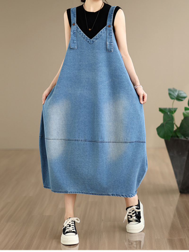 Relaxed V-Neck Denim Dress in Cotton Pinafore Style, Adjustable Midi Silhouette