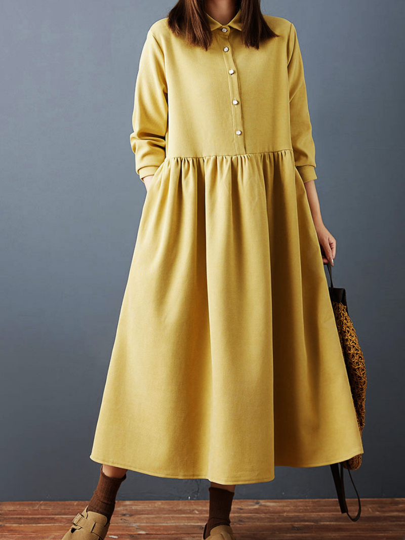 Collared Button-Front Midi Dress with Gathered Skirt, Stretch Spandex Elegance
