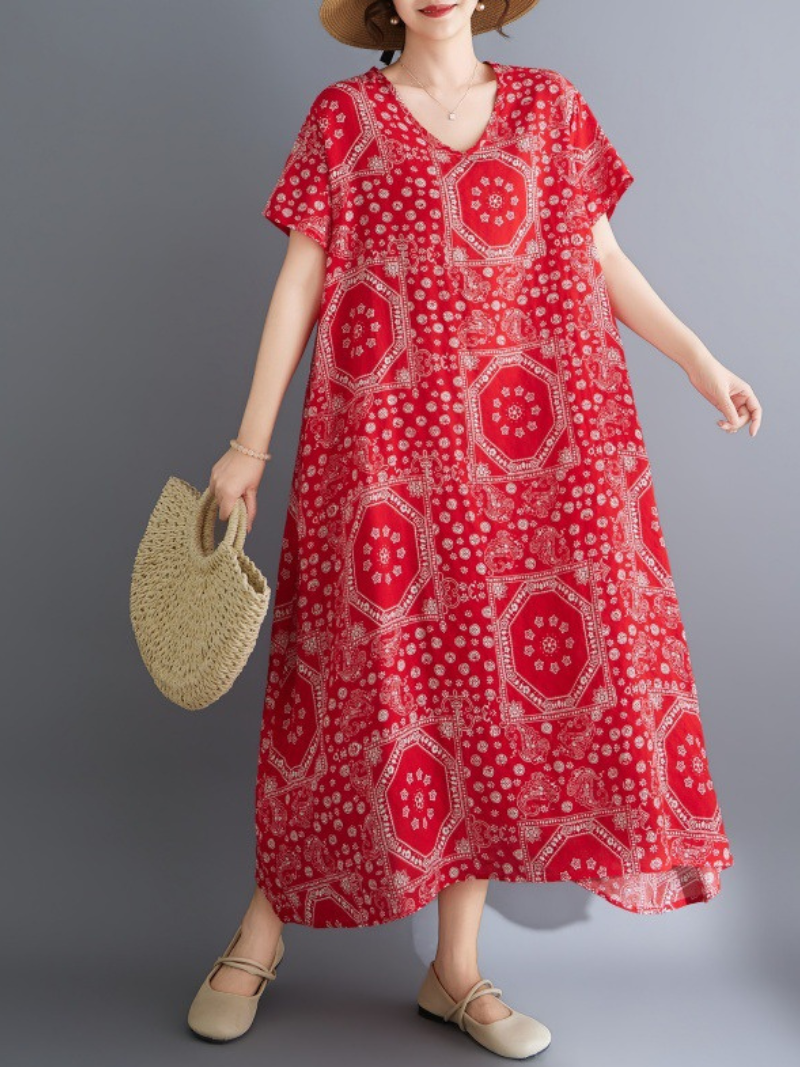 Bandana Mosaic Printed Cotton Relaxed Midi Dress with Soft Drape