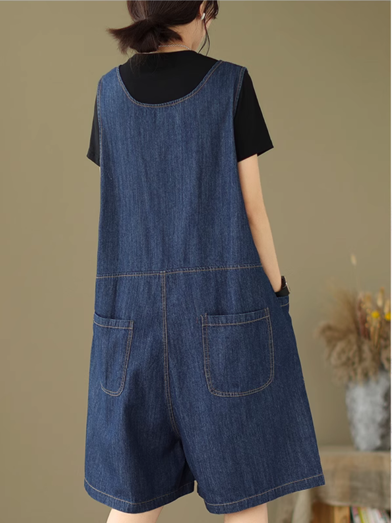 Women's Looose Fit Denim Dungaree Shorts with Zip Front