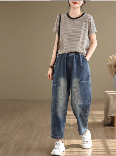 Women's Loose Elastic Waist Patch Embroidered Pants Bottom