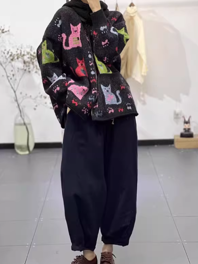 Women's Winter Print Cartoon Loose knitted Warm Cardigan