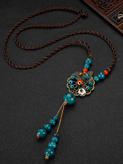 Chinese Aesthetic Ethnic Style Chain Women's Retro Hand-woven Chinese Style Ceramic Necklace Pendant
