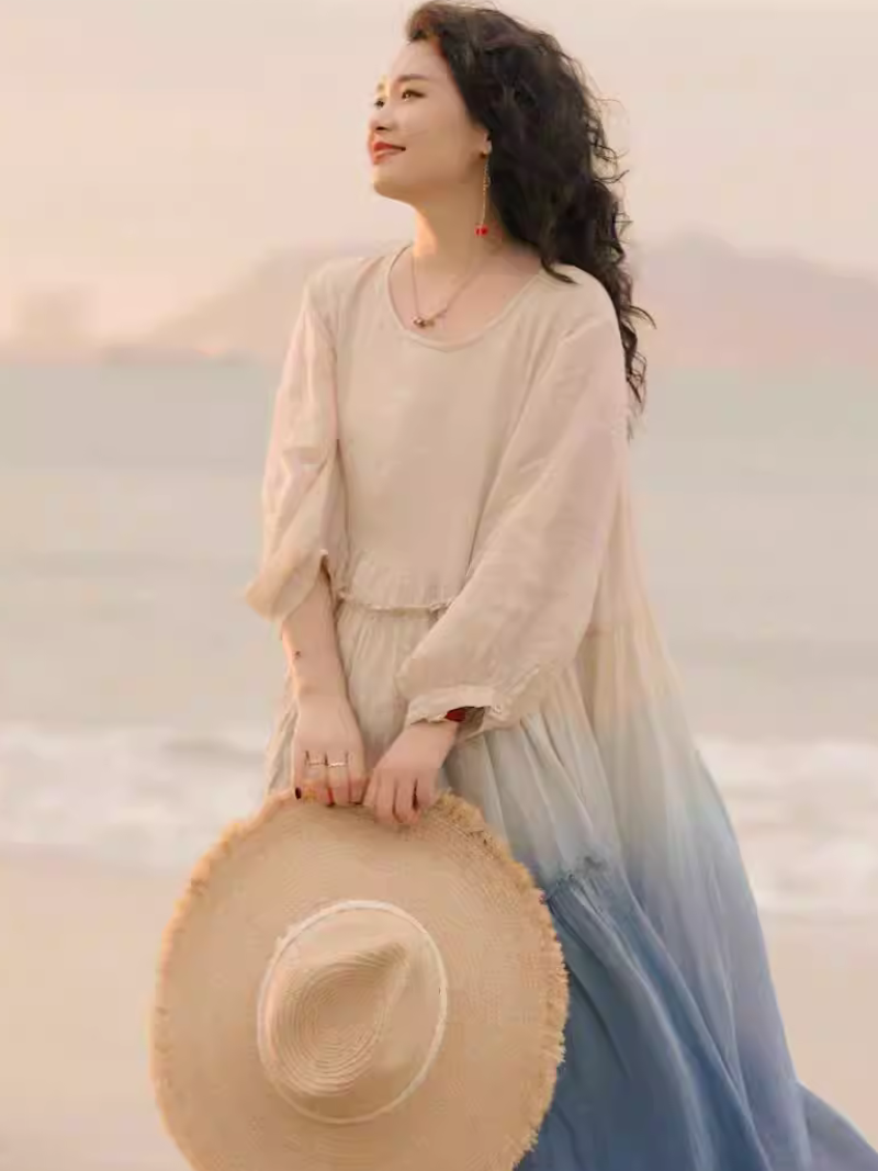 Ombre Ramie Maxi Dress with Gathered Tiers and Poet Sleeves