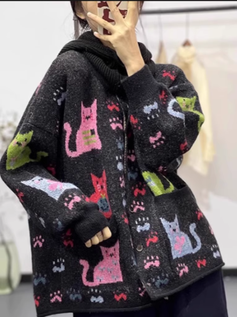 Women's Winter Print Cartoon Loose knitted Warm Cardigan