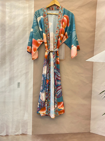 Partywear Floral With Moon Print Green Color Silk Long Length Gown Kimono Duster Robe