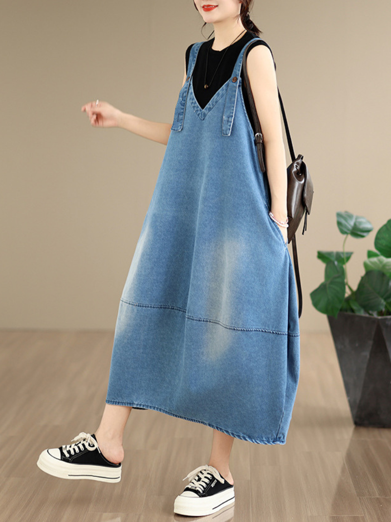 Relaxed V-Neck Denim Dress in Cotton Pinafore Style, Adjustable Midi Silhouette
