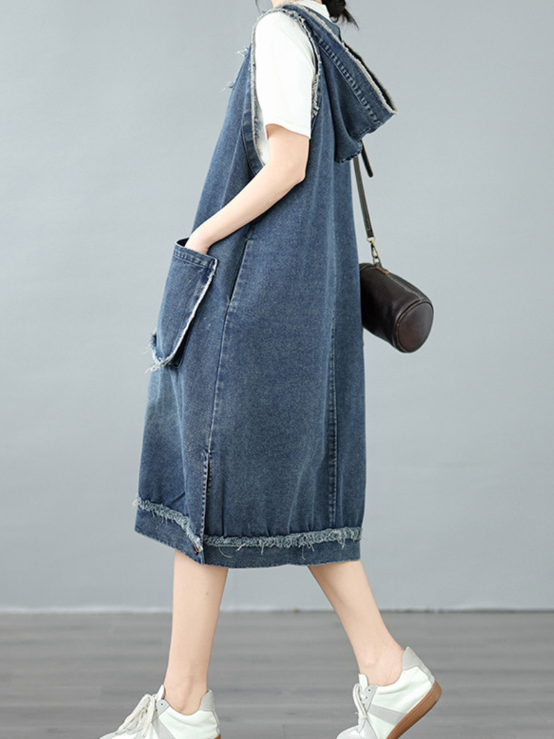 Frayed-Edge Denim Cotton Pinafore Dress with Oversized Pockets, Effortless Chic
