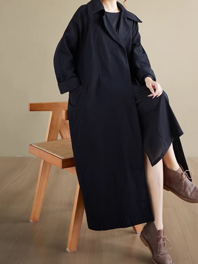 Chic Oversized Polyester Trench Coat with Notched Collar, Minimalist Women's Outerwear