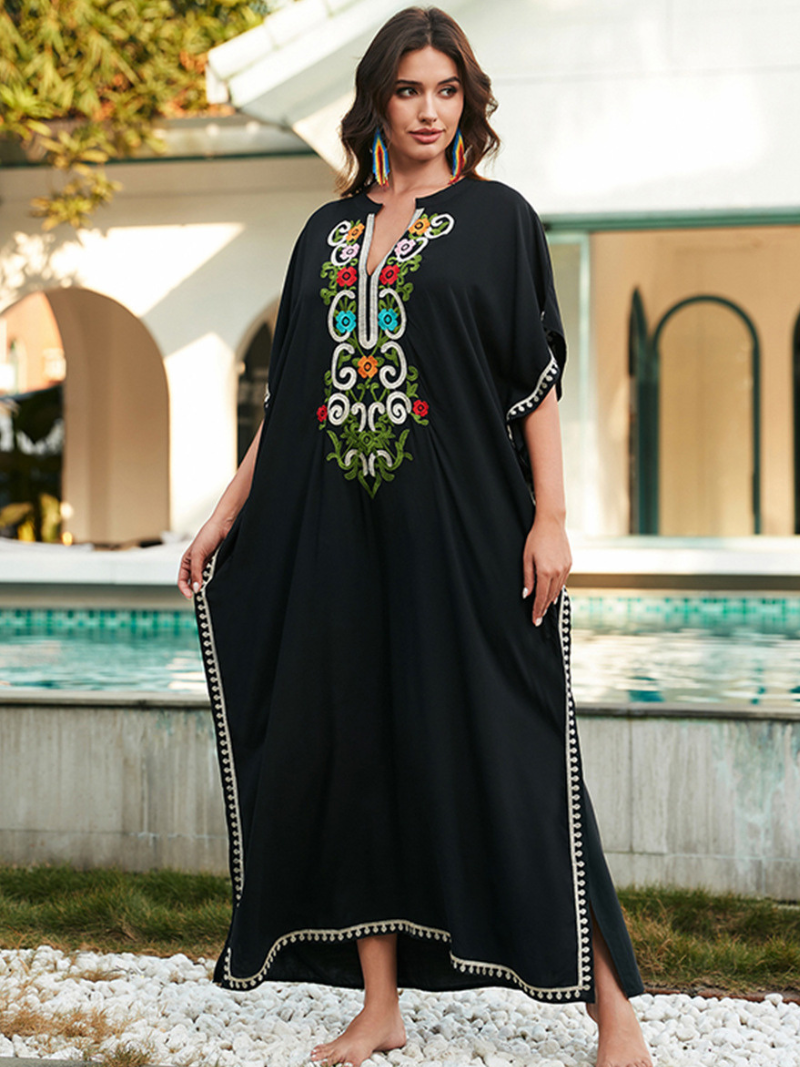 Women's Cross-Border Rayon Embroidered Short Slevees Kaftan Dress
