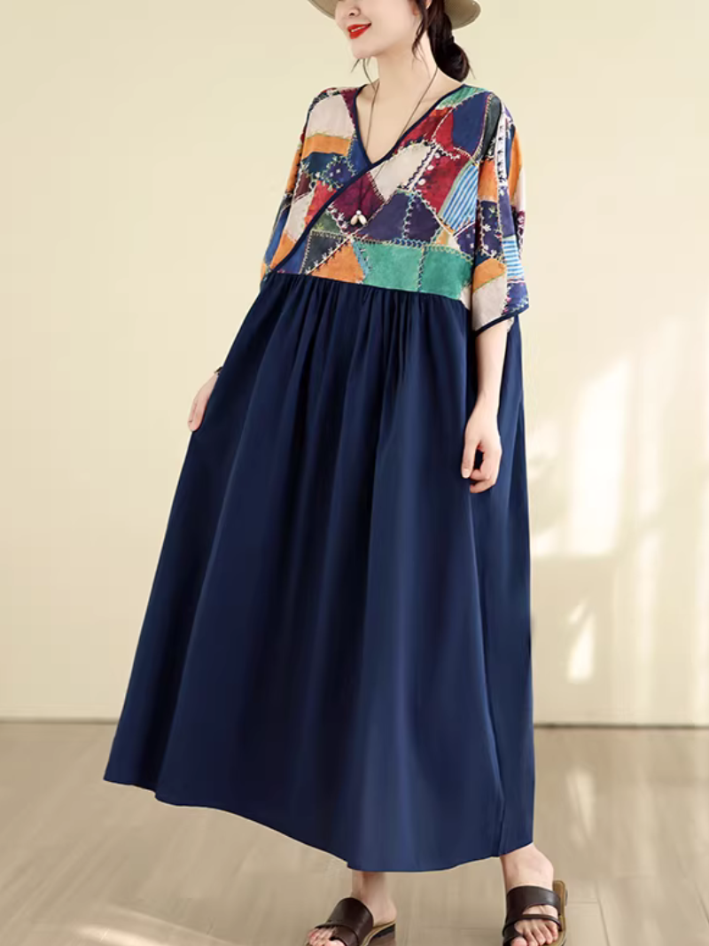 Patchwork V-Neck Boho Maxi Dress in Soft Viscose Blend Elegance