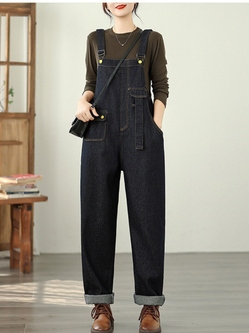 Relaxed Wide-Leg Denim Overalls in Cotton with Utility Pockets, Effortless Chic