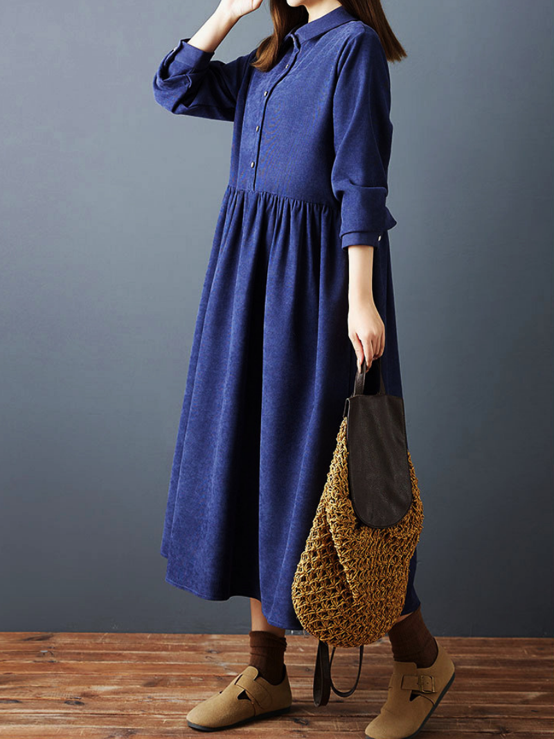 Collared Button-Front Midi Dress with Gathered Skirt, Stretch Spandex Elegance