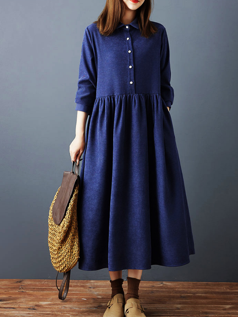 Collared Button-Front Midi Dress with Gathered Skirt, Stretch Spandex Elegance