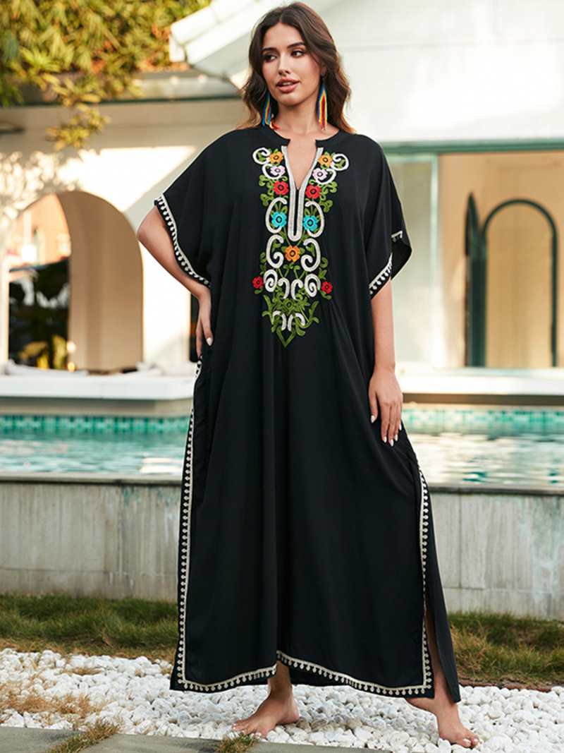 Women's Cross-Border Rayon Embroidered Short Slevees Kaftan Dress