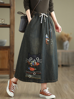 Playful Embroidered A-Line Denim Skirt with Drawstring Waist, Chic Midi