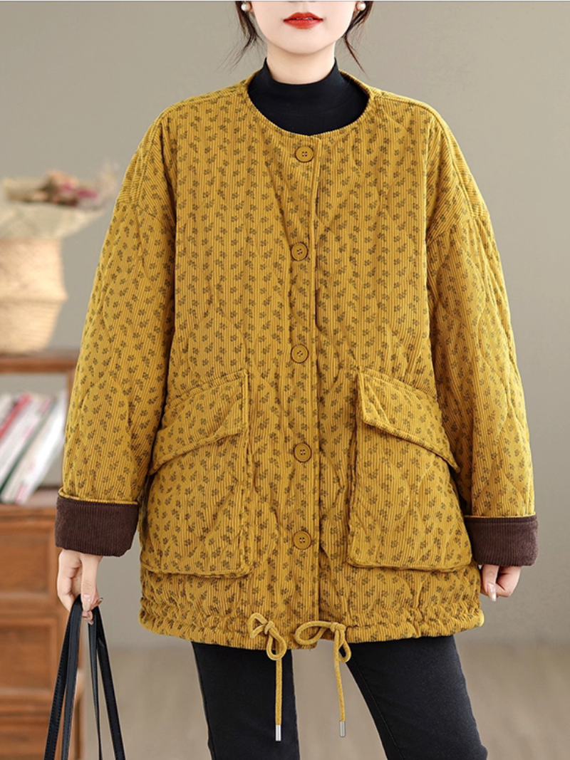 Quilted Corduroy Jacket with Patch Pockets, Round Neck and Drawstring Hem
