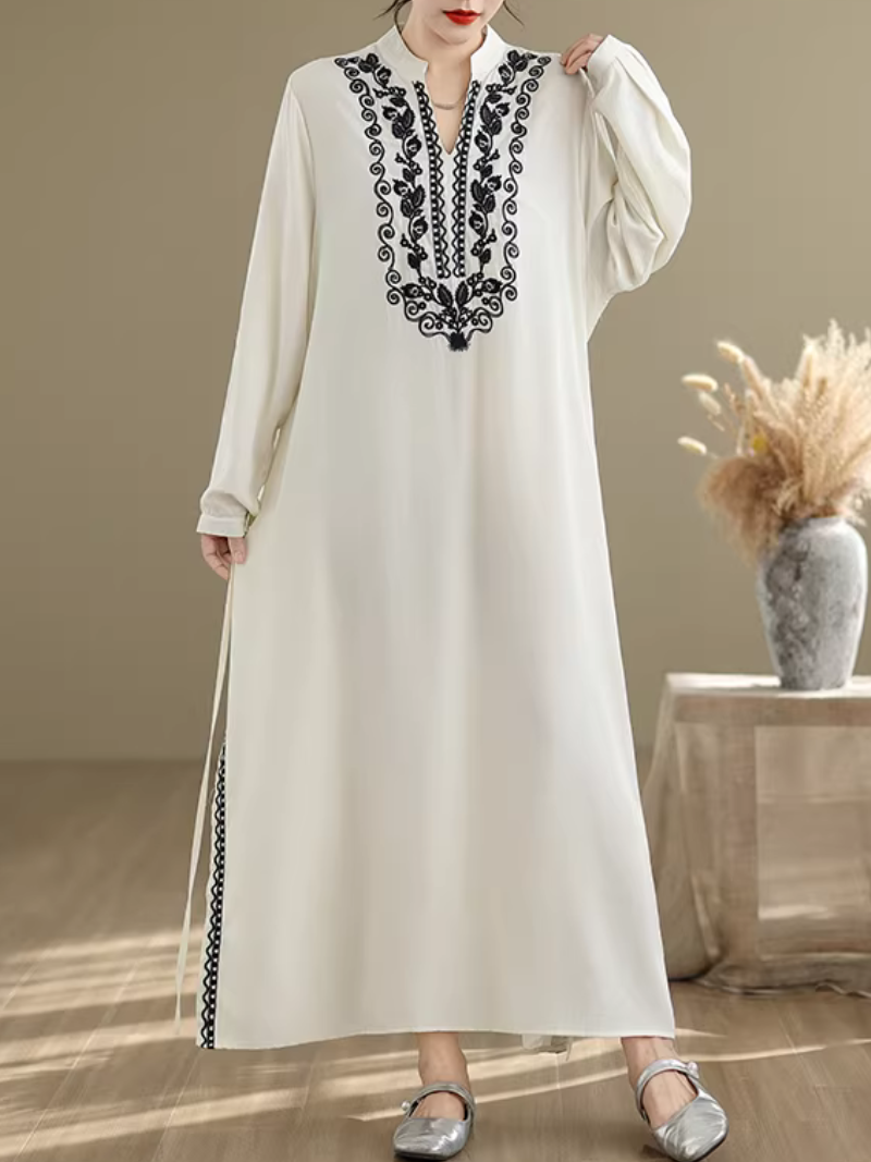 Embroidered Cotton-Linen Kaftan Maxi Dress with Mandarin Neckline