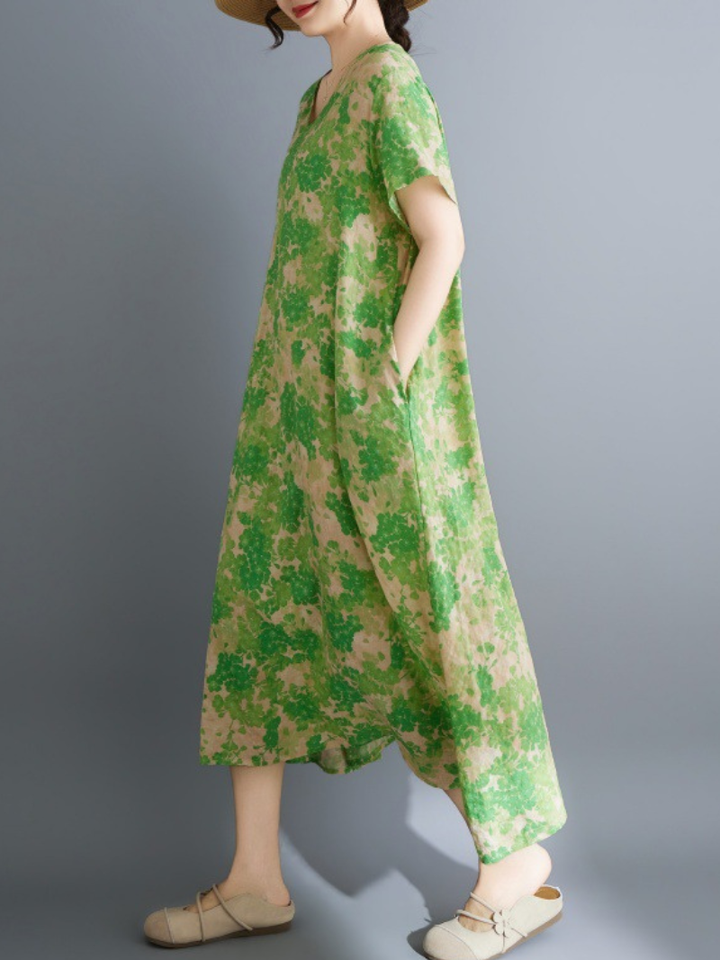 Airy Trapeze Cotton Summer Dress with Artful Print and V‑Neck