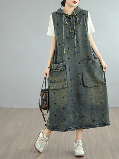 Hooded A-Line Denim Dress with Pockets and Playful Heart Motifs – Eva Trends Hooded A-Line Denim Dress with Pockets and Playful Heart Motifs – Eva Trends