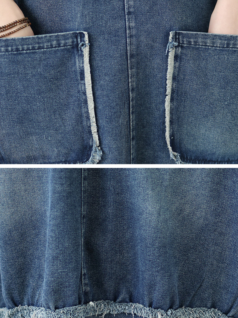 Frayed-Edge Denim Cotton Pinafore Dress with Oversized Pockets, Effortless Chic