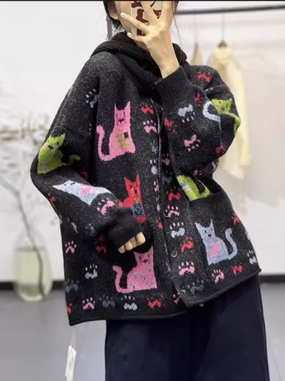 Women's Winter Print Cartoon Loose knitted Warm Cardigan