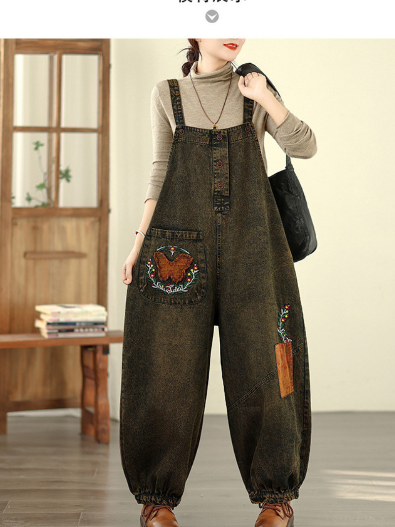 women's relaxed cotton overalls with boho patchwork