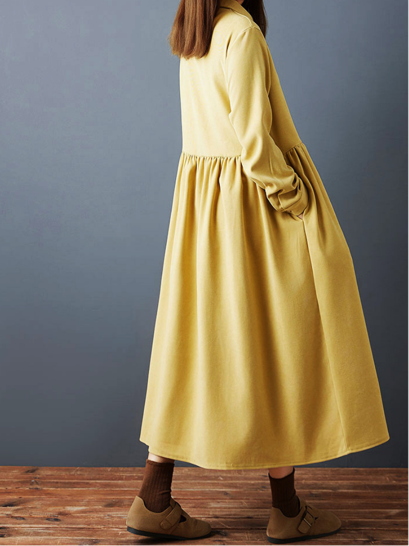 Collared Button-Front Midi Dress with Gathered Skirt, Stretch Spandex Elegance